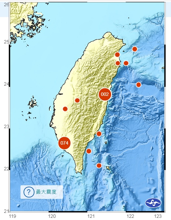 今日凌晨4時11分，編號002地震發生在花蓮縣政府西南方28.6公里，芮氏規模4.2，距離上次同地點地震僅2分鐘。 圖：翻攝自中央氣象局