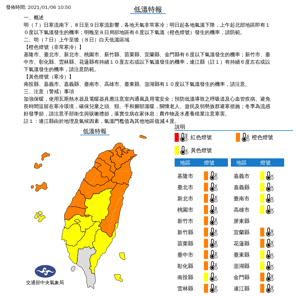 氣象局發布低溫特報，全台除了屏東以外都會出現10度以下低溫。 圖：中央氣象局／提供
