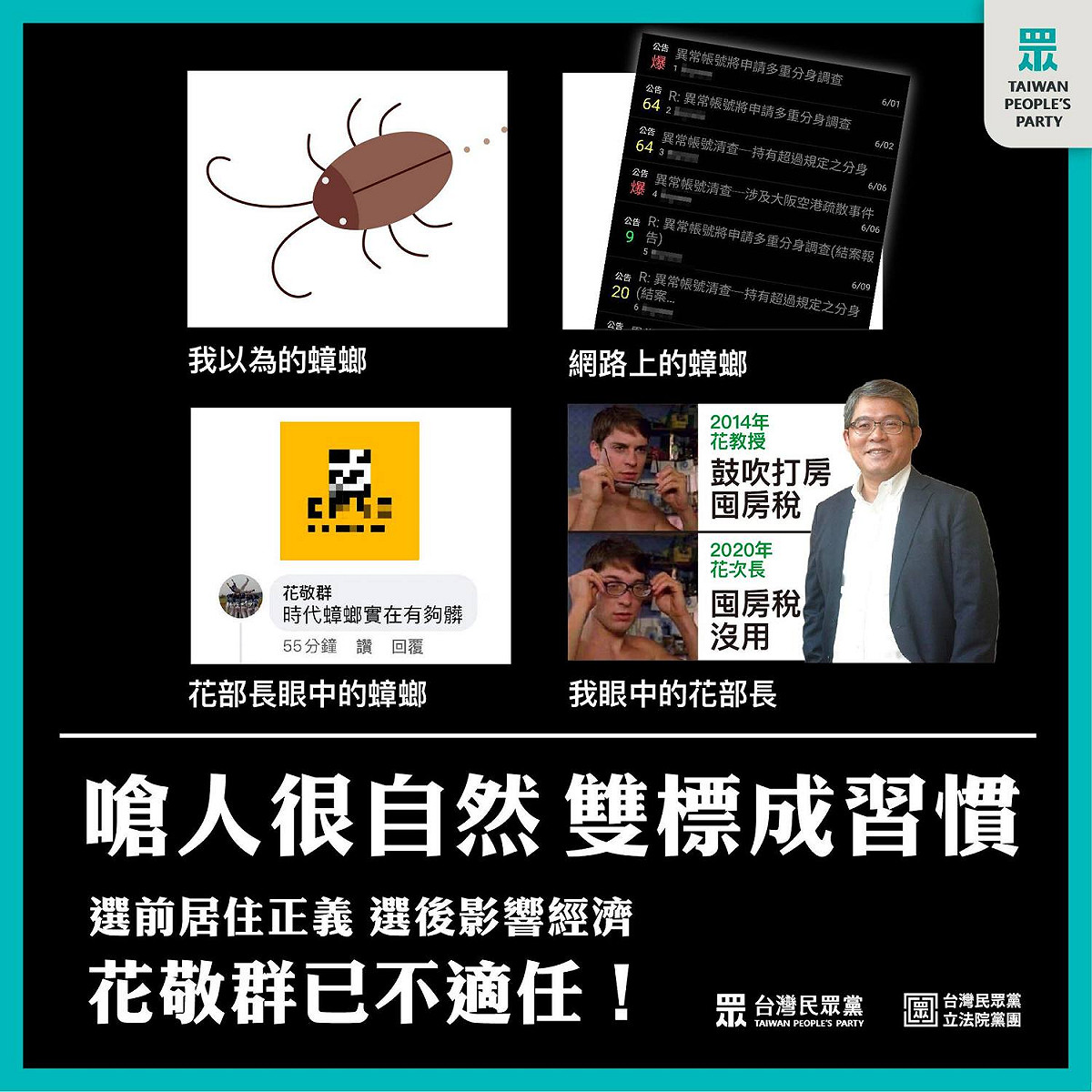 民眾黨發文批內政部次長花敬群，但誤將花敬群稱作「花部長」。 圖：民眾黨臉書