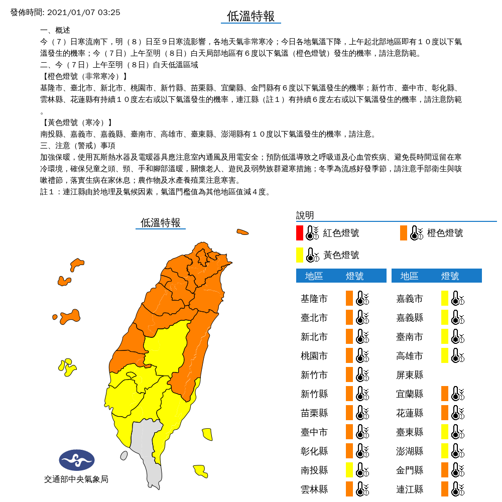 全台除了屏東縣外，都將出現攝氏10度以下的低溫，氣象局提醒民眾務必做好保暖工作。 圖：中央氣象局/提供