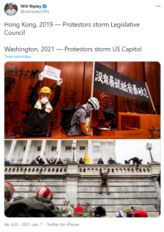 1名《CNN》記者在推特將本次事件類比2019年香港反送中示威者闖立法會的事件，引起許多香港網友不滿。 圖：翻攝自Will Ripley 推特