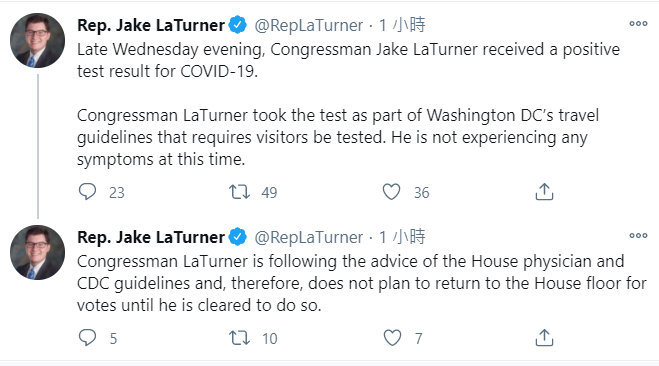納（Jake LaTurner）今（7）天宣布確診新冠肺炎。 圖：翻攝自Jake LaTurner 推特