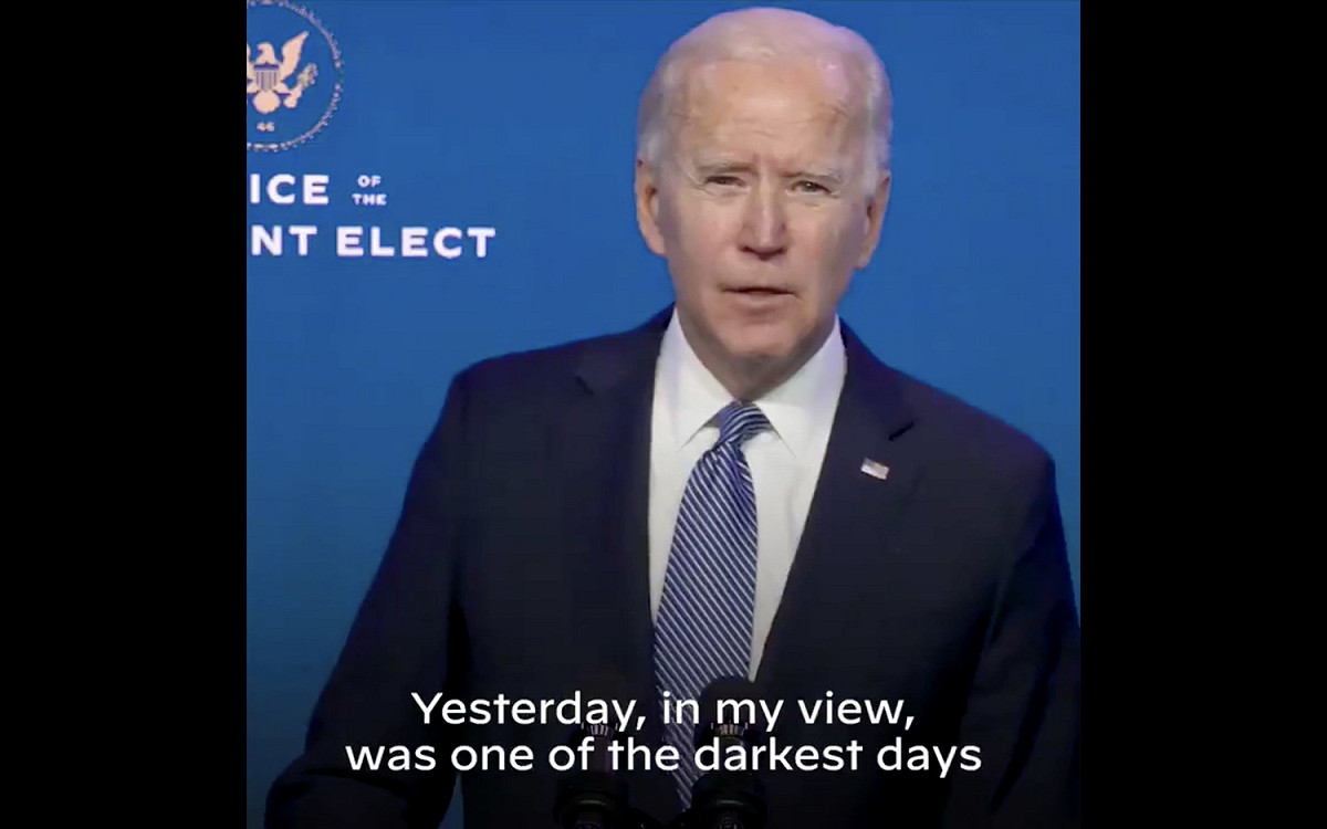 美國總統當選人拜登（Joe Biden）7日於德瓦拉州的活動發表談話稱，川普支持者6日闖入國會大廈是美國史上最黑暗的一天。 圖：翻攝@JoeBiden推特