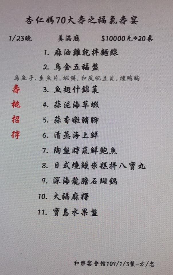 祝壽桌菜菜單曝光 圖:擷取自臉書