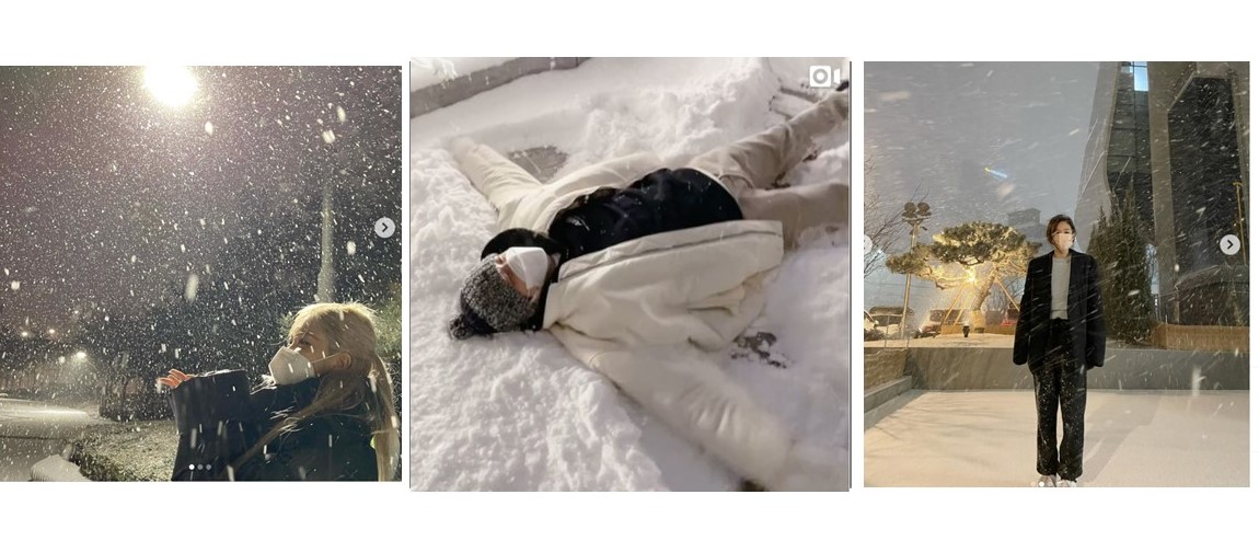眾多韓星都興奮出門踩雪，洗版粉絲。 圖：翻攝自Rose、姜丹尼爾、Jennie IG