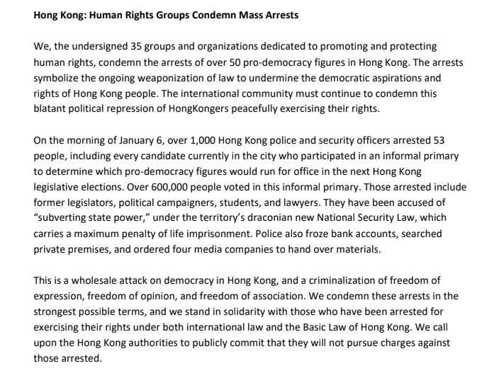 35個國際人權組織聯合聲明，共同譴責香港的拘捕行動。 圖：翻攝自王丹臉書