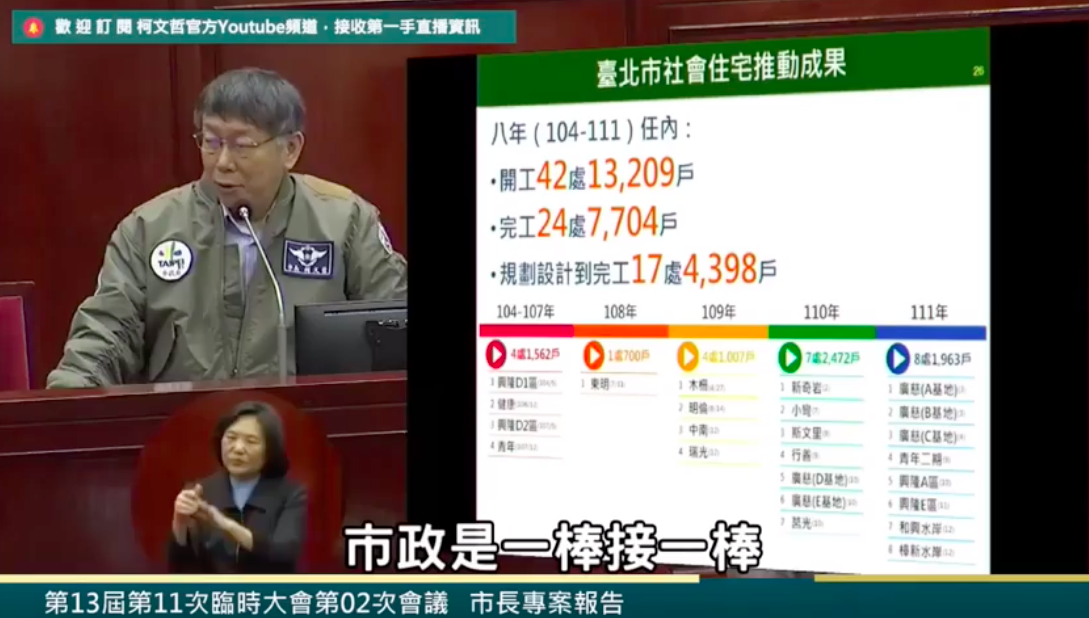 柯文哲今(9)晚在臉書ＰＯ出「市長專案報告：社會住宅篇」，在他兩個任期八年任內，可開工的社宅戶數是13209戶，而卸任前完工將有7704戶，距離5萬戶目標還有一大段距離，需要下任市長繼續努力。 圖：翻攝自柯文哲臉書