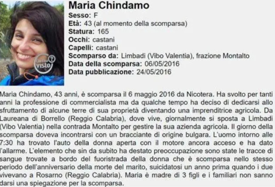 44歲的農場主人瑪麗亞（Maria Chindamo）因拒絕販售農地，慘遭義大利黑手黨毒販阿斯坎諾（Salvatore Ascano）殺害，並將其屍體剁碎餵豬。 圖 : 翻攝自環球時報