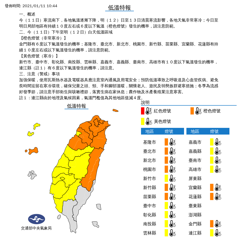本週開工依然冷到不行，氣象局針對全台19縣市發布低溫特報，低溫將會持續到明後天。 圖：中央氣象局／提供