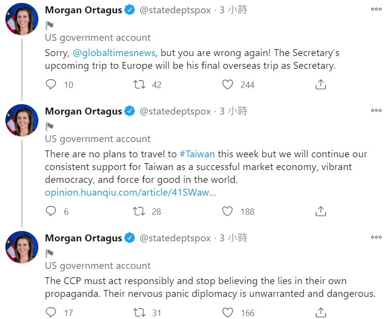 美國國務院發言人摩根・奧塔格斯（Morgan Ortagus）在推特上反嗆中國，不要只相信官媒刊登的謊言，這種外交方式相當危險。 圖：翻攝自Morgan Ortagus推特