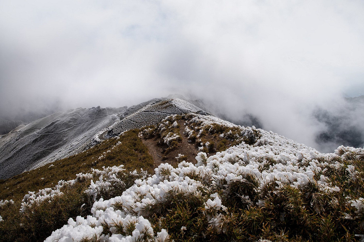 今(12)天為因應昨(11)天合歡山下大雪，台7甲線、台8線與台14甲線三條合歡山周邊道路將於今日7點開始強制掛雪鍊通行。 圖：霹靂鄭／提供