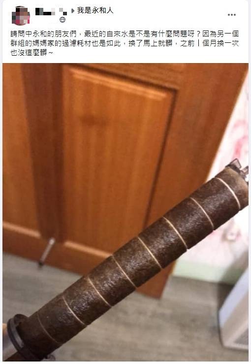 近期有網友在臉書社團表示剛換的自來水濾心馬上就髒了。 圖：翻攝自臉書