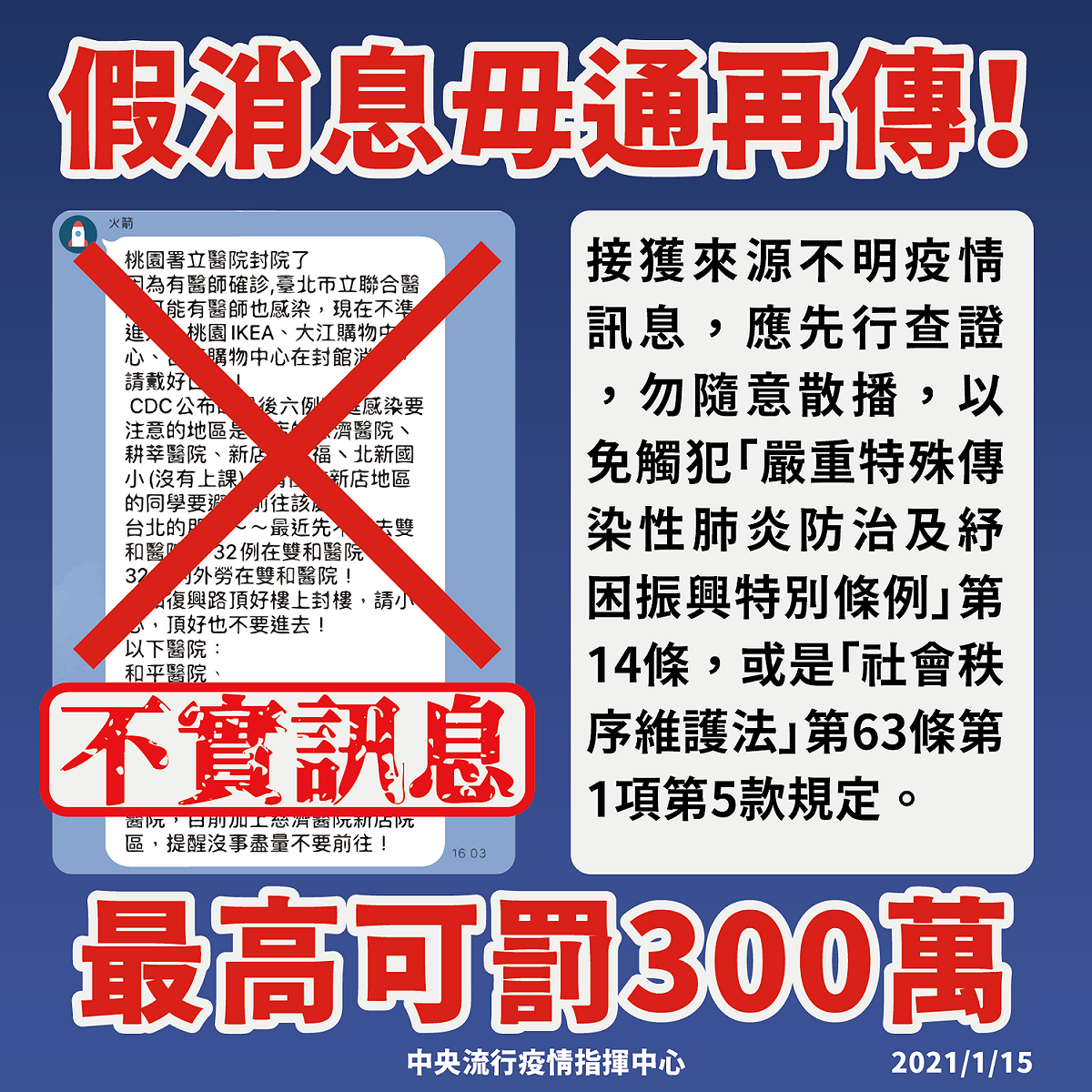 指揮中心提醒，收到疫情假消息請勿轉傳。 圖：中央流行疫情指揮中心／提供