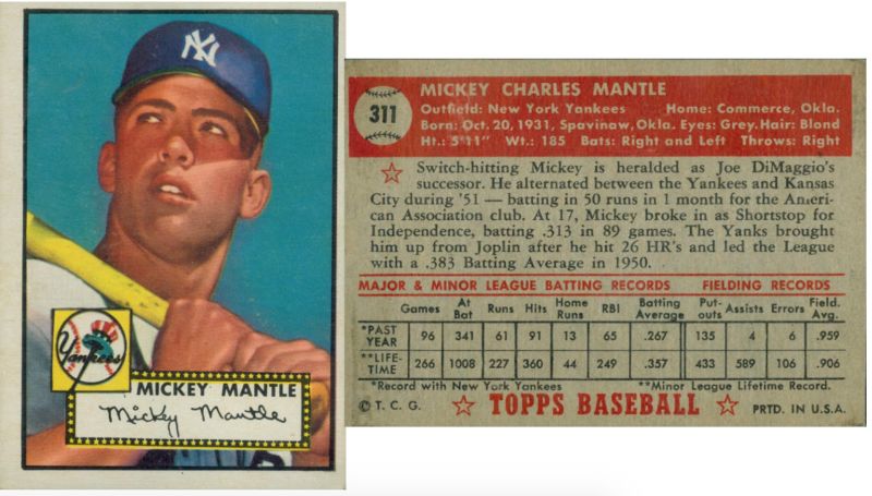 1952 ToppsMickey Mantle球員卡再度創下天價。 圖／取自大聯盟官網