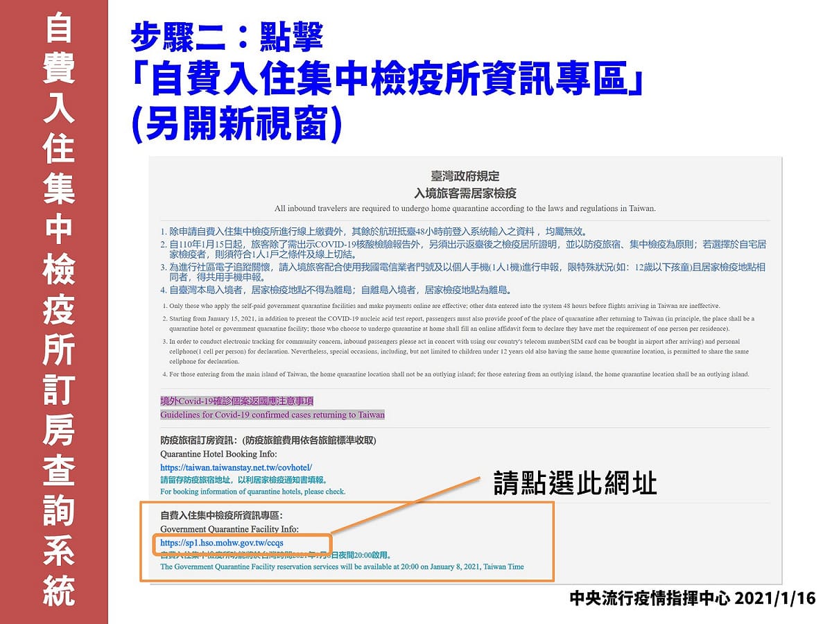 訂房查詢操作說明。 圖：中央流行疫情指揮中心／提供