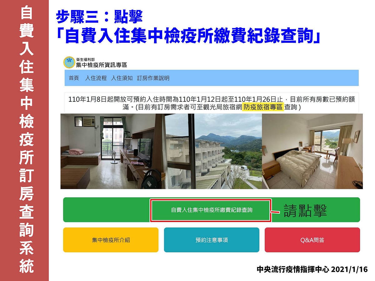 訂房查詢操作說明。 圖：中央流行疫情指揮中心／提供
