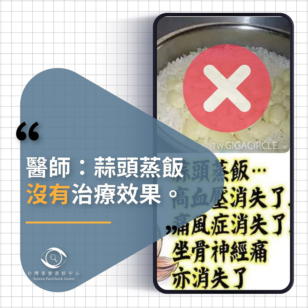 蒜頭蒸飯無法治療高血壓、痛風與坐骨神經痛，傳言為「錯誤」訊息。 圖:擷取自事實查核中心