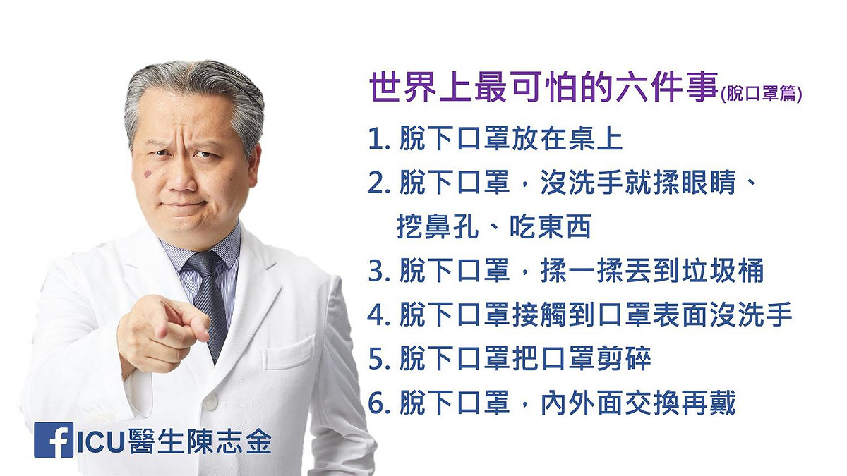 ICU醫師提醒民眾脫口罩「6大NG行為」。 圖:ICU陳志金臉書
