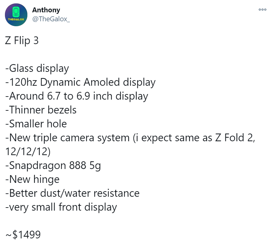 爆料達人Anthony（@TheGalox_）在推特上公布關於三星 Z Flip系列摺疊機的相關細節。 圖：取自當事人推特