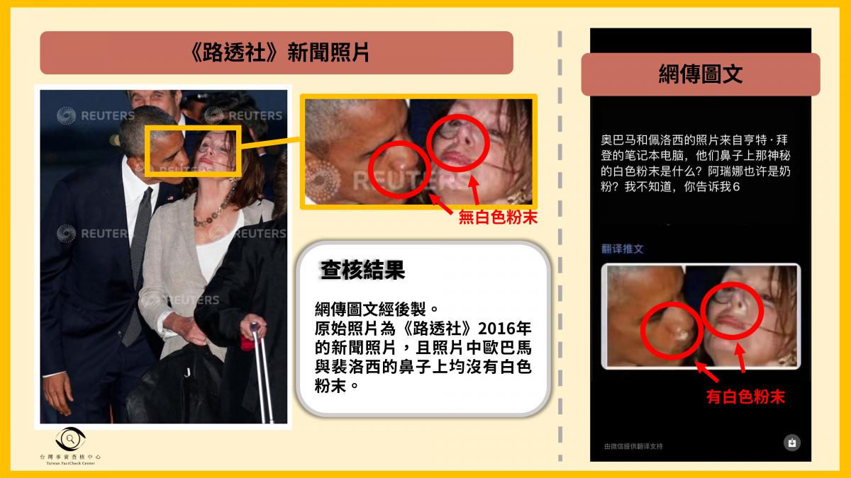網傳圖文稱「奧巴馬和佩洛西的照片來自亨特的筆記本電腦，他們鼻子上的白色粉末是什麼」並不符合事實，而「歐巴馬與裴洛西的鼻子上有白色粉末」為後製效果，該傳言為「錯誤」訊息。 圖：翻攝自TFC