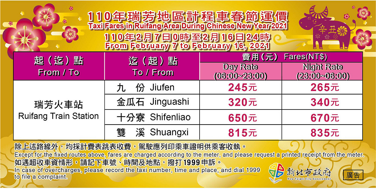 110年計程車春節瑞芳地區貼紙。  圖：新北市交通局提供