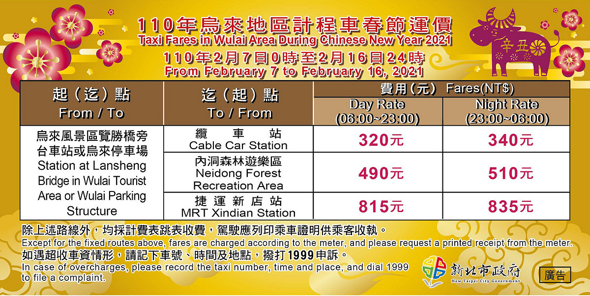 110年計程車春節烏來地區貼紙。 圖：新北市交通局提供