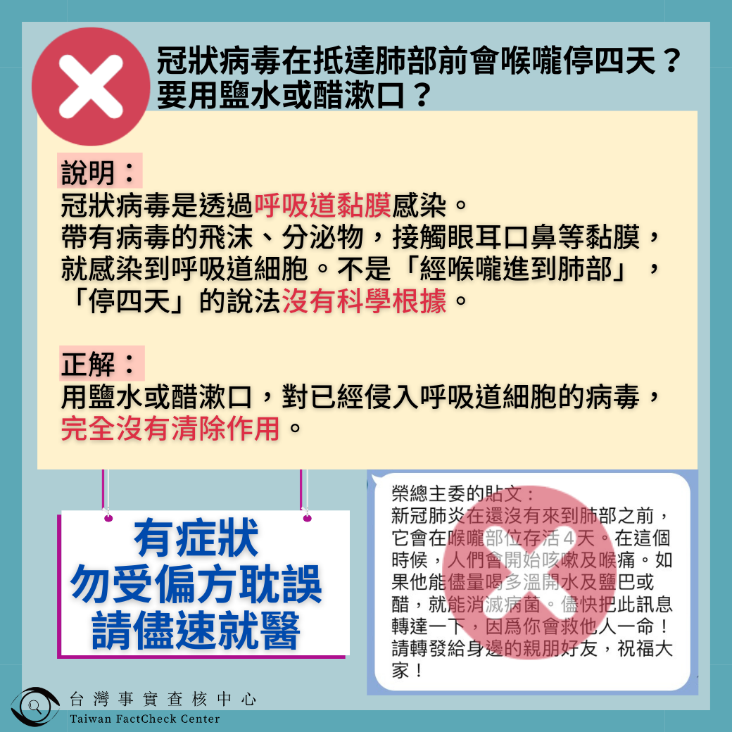 用鹽水或醋漱口並無殺病毒的效果，民眾誤信偏方。 圖：台灣事實查核中心臉書