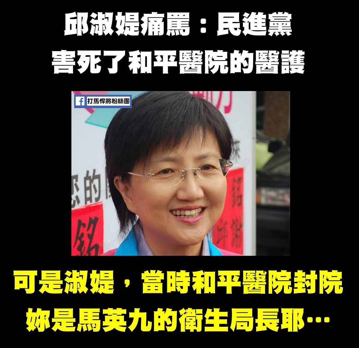 邱淑媞指民進黨害死和平醫護挨批。 圖：翻攝自打馬悍將粉絲團臉書