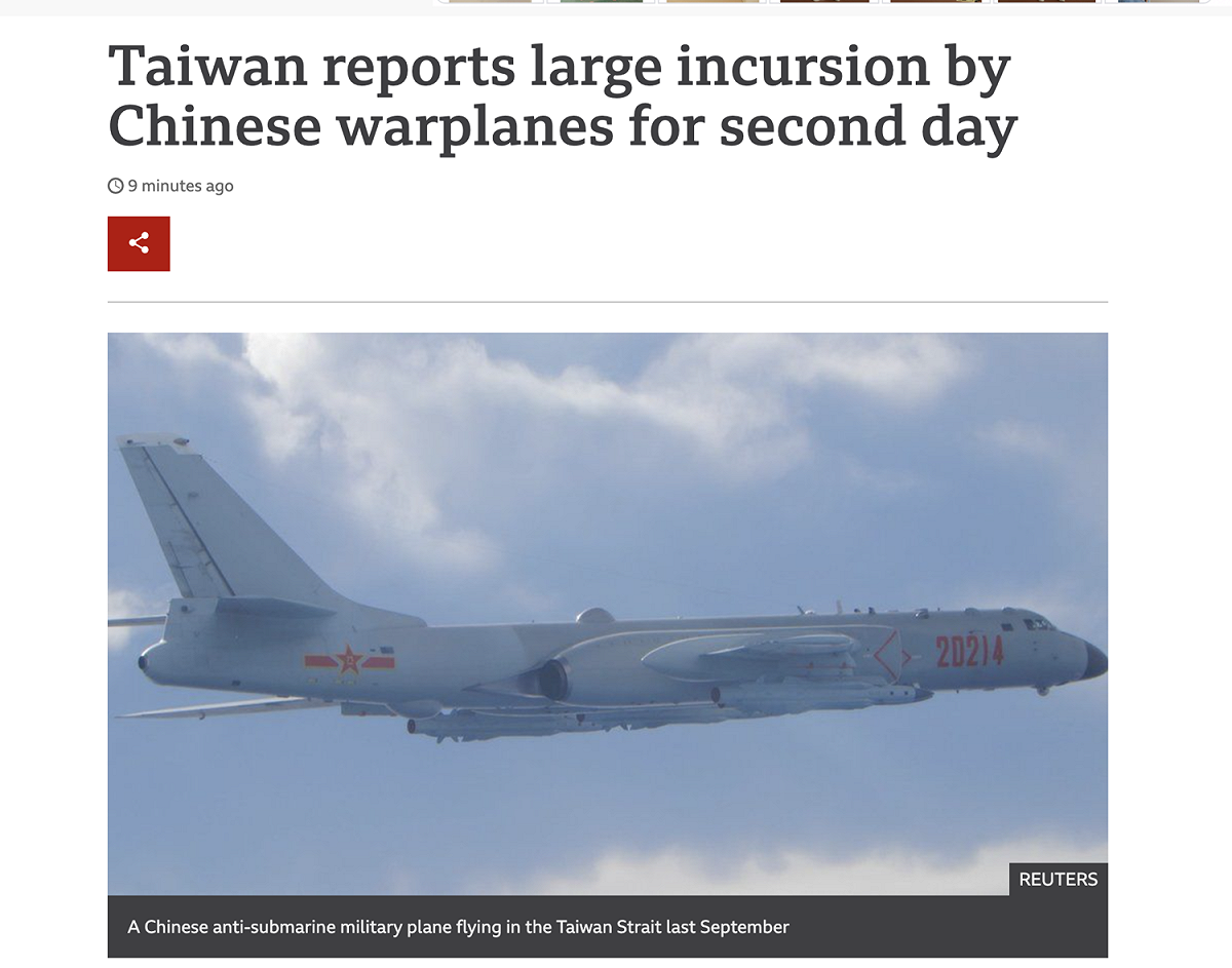 英國廣播公司《BBC》網站上將中國近兩日擾台一事刊登在頭版上。 圖：翻攝自BBC官網