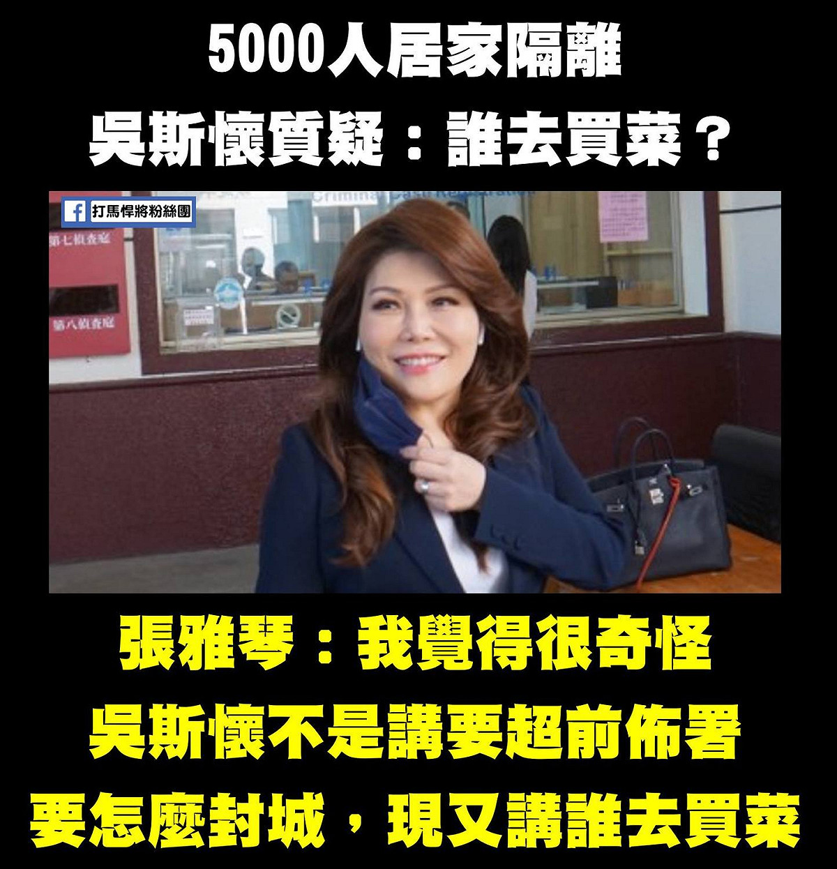 吳斯懷質疑「5000人居家隔離怎麼買菜、做家事」，讓張雅琴覺得很奇怪。 圖：翻攝打馬悍將粉絲團臉書