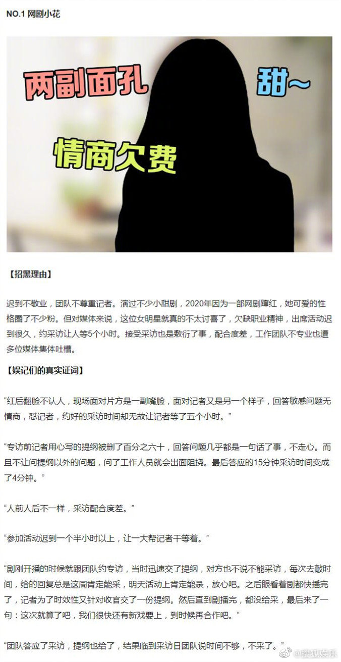 列為黑榜榜首的是網劇小花，未直接透露本名。 圖：翻攝自微博