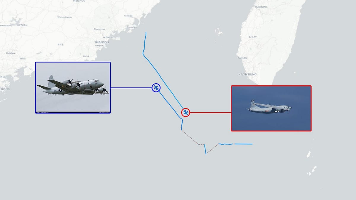 Aircraft Spots推特今日發文指出，1架美國海軍EP-3E白羊偵察機（左）與1架中共運-8G「高新三號」遠程電子干擾機（右）同時在台灣西南空域現身。 圖：擷取自推特＿@AircraftSpots