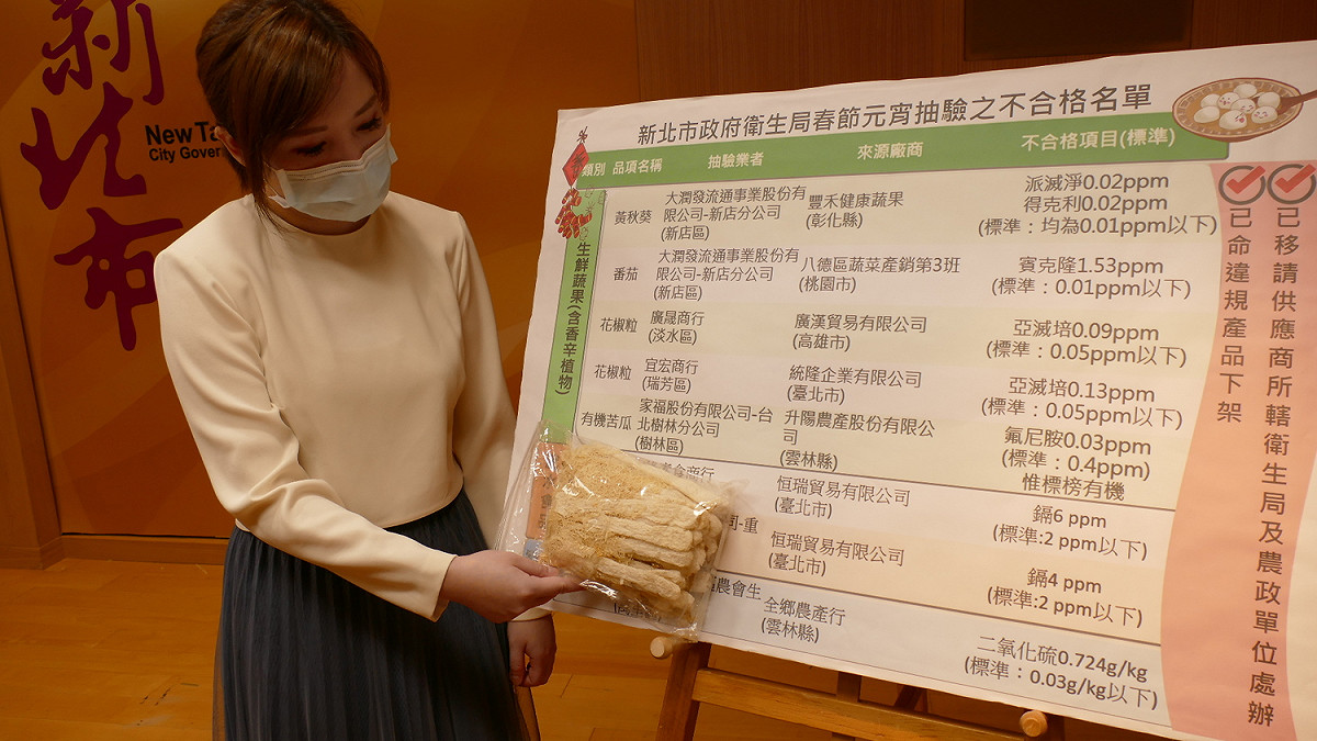 新北市衛生局今天公布抽驗216件應景食材的結果，有5件農藥、2件重金屬及1件二氧化硫殘留，計8件不合格。 圖：新北市衛生局提供