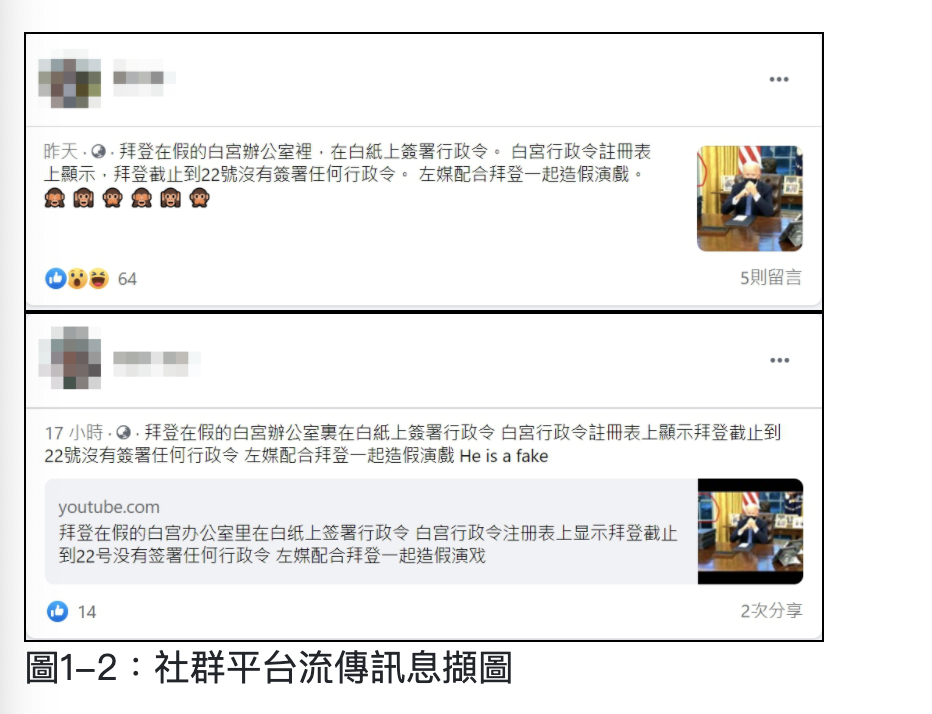 社群平台用戶貼文稱，「拜登在假的白宮辦公室在白紙上簽署行政命令」、「左媒配合拜登一起造假演戲」。 圖：翻攝自TFC