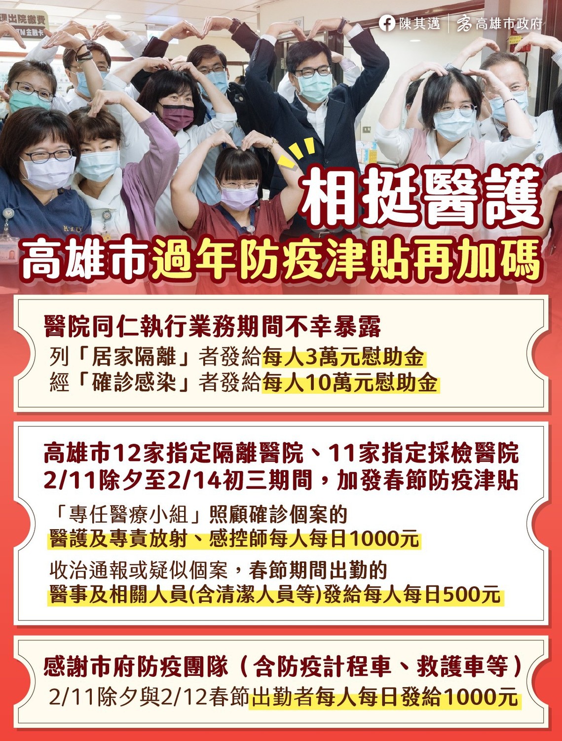 高市春節出勤人員防疫津貼再加碼 圖：翻攝陳其邁臉書