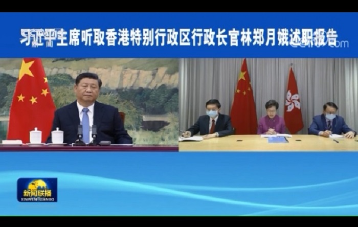 習近平聽取林鄭月娥視訊述職報告。 圖：翻攝央視畫面