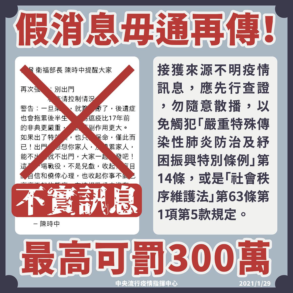 指揮中心今(29)日表示，請勿再散播假消息，以免觸法遭罰。 圖：中央流行疫情指揮中心/提供