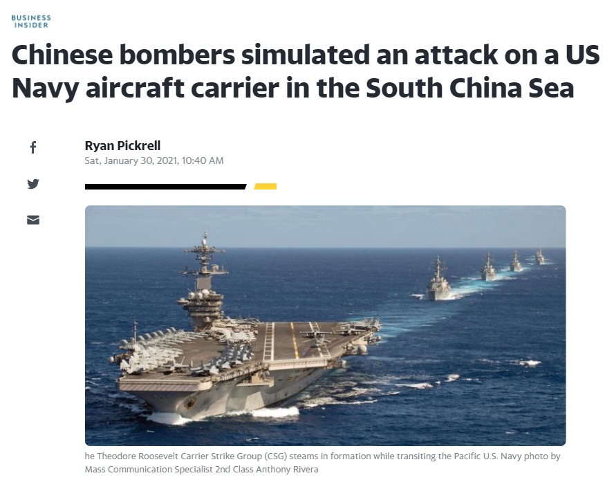 《商業內幕》報導，一名美軍內部匿名人士證實，儘管共機未進入「羅斯福」號航母編隊周邊250海裡區域，「但確實有過模擬攻擊的演練」。 圖/截取自《商業內幕》網站