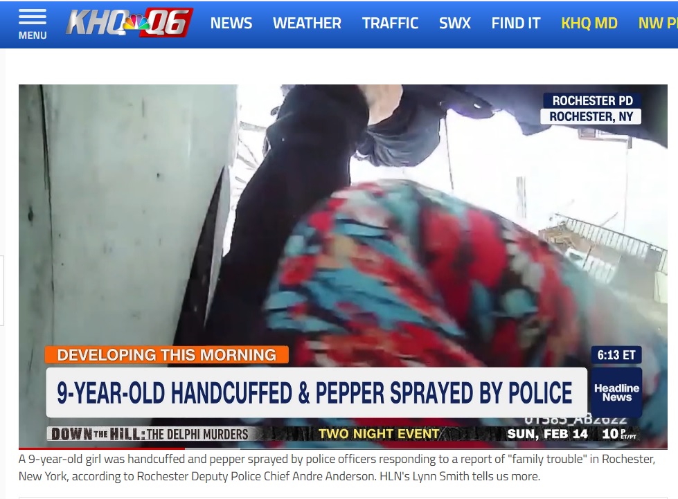 美國紐約州城市羅徹斯特警察以強硬手段壓制1名9歲女童，包括噴胡椒劑、上銬等，引起譁然。 圖：翻攝自美國媒體KHQ