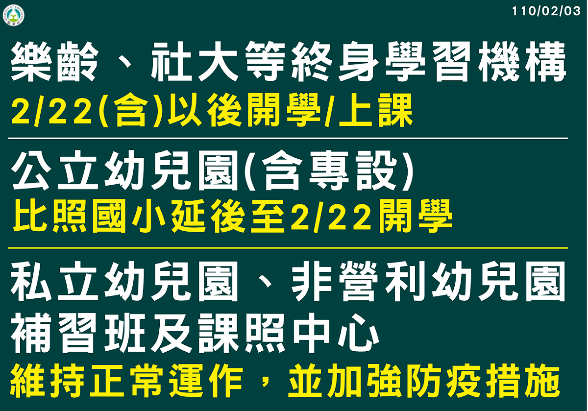 私立幼兒園、非營利幼兒園、課照中心、補習班等將正常運作。 圖：教育部/提供