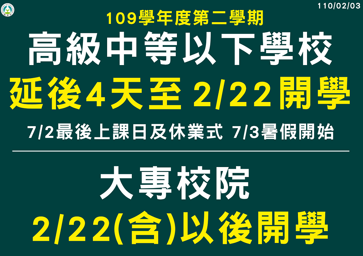 大專院校以及高中以下學校開學日延後。 圖：教育部/提供