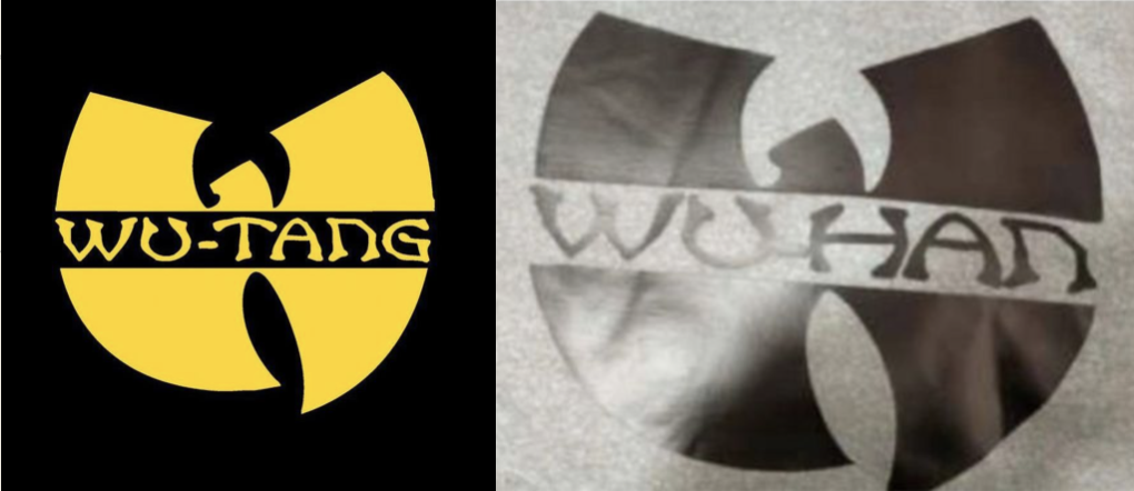 「武當幫」（Wu-Tang Clan）標誌（左）與加國駐中使館人員T恤圖樣（右）。 圖：翻攝自武當幫臉書/翻攝自微博（合成圖）