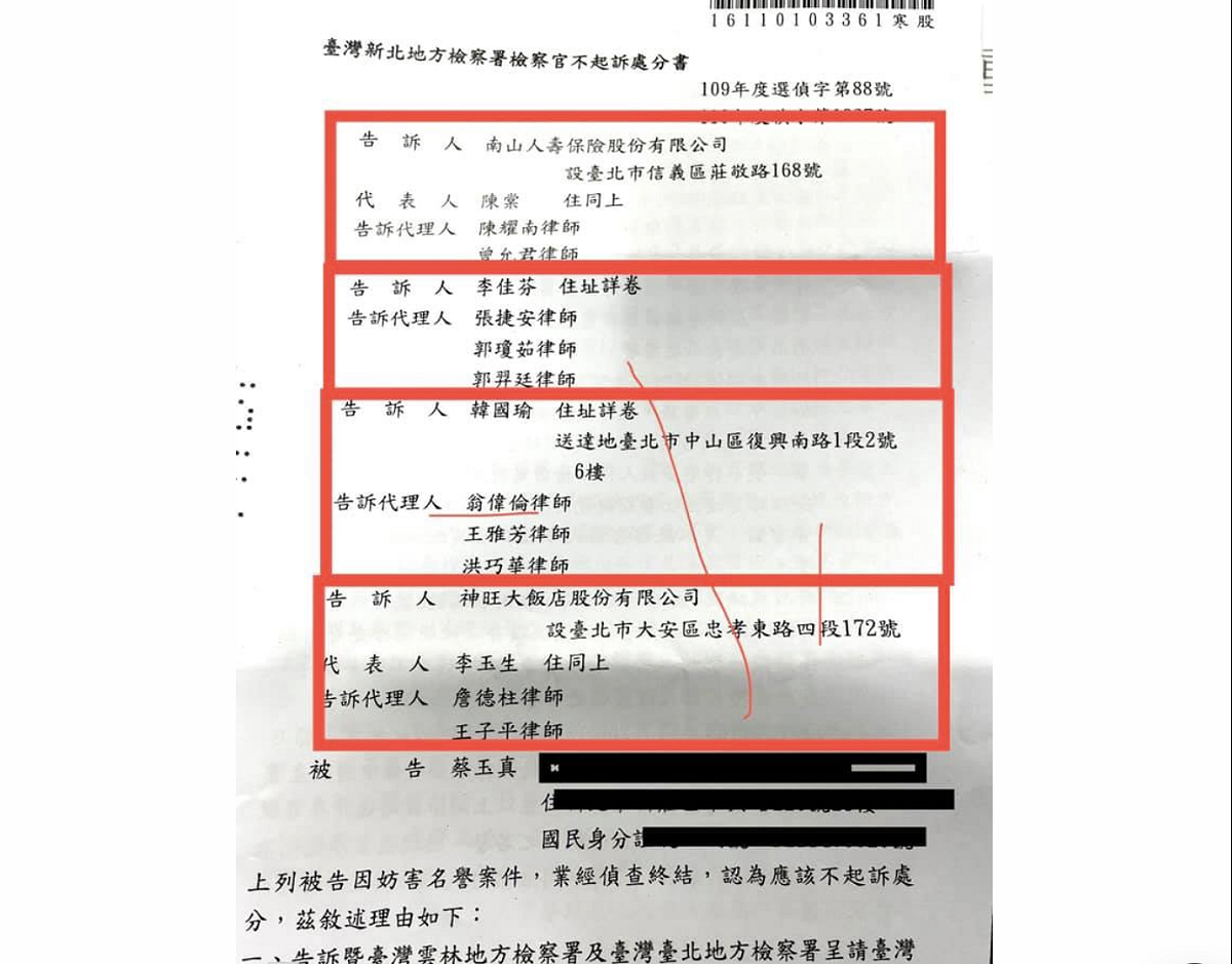 資深媒體人蔡玉真2日於臉書貼出新北地檢署不起訴處分書表示，纏訟兩年多四件案子同時不起訴，韓國瑜、李佳芬、南山人壽和神旺大飯店，全部都敗訴、依法無據以及不起訴。 圖：翻攝自蔡玉真臉書