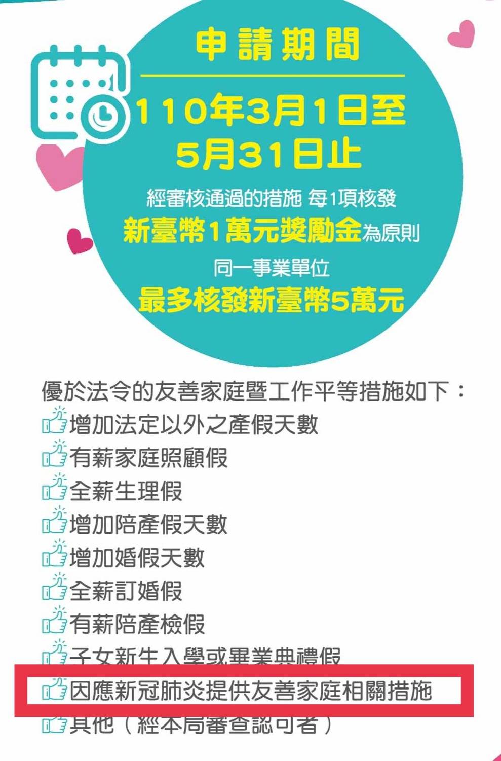 新北市勞工局鼓勵雇主提供優於法令相關措施，事後可向勞工局申請「獎勵企業辦理友善家庭暨工作平等措施」，核可後每項措施可獲1萬元、最高5萬元的獎勵金。 圖：新北市政府勞工局／提供