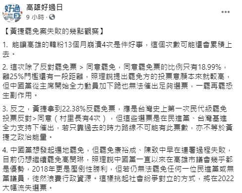 臉書粉絲專頁「高雄好過日」發文提出罷捷失敗的幾點觀察。