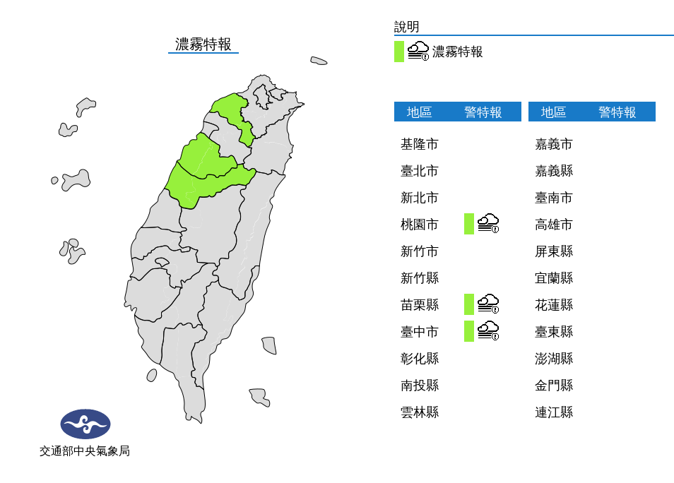 氣象局發布濃霧警報。 圖：氣象局/提供