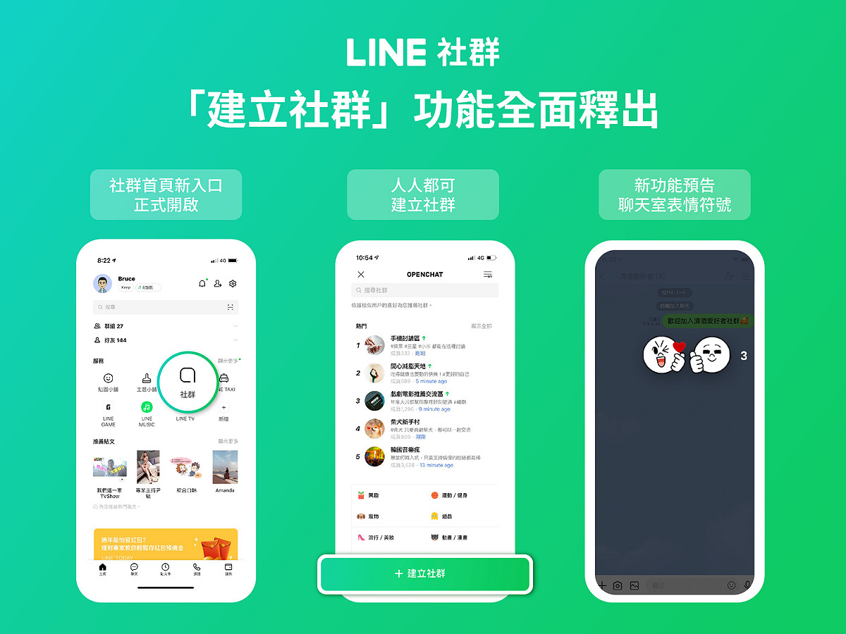 LINE今天宣佈，全面釋出「建立社群」功能，每個人都能建立個人社群當版主，或加入熱門社群。 圖：取自官網