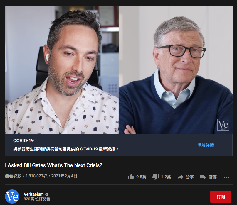 比爾蓋茲日前接受Youtube科教頻道「Veritasium」主持人穆勒（Derek Muller）訪問 圖：翻攝自「Veritasium」Youtube頻道