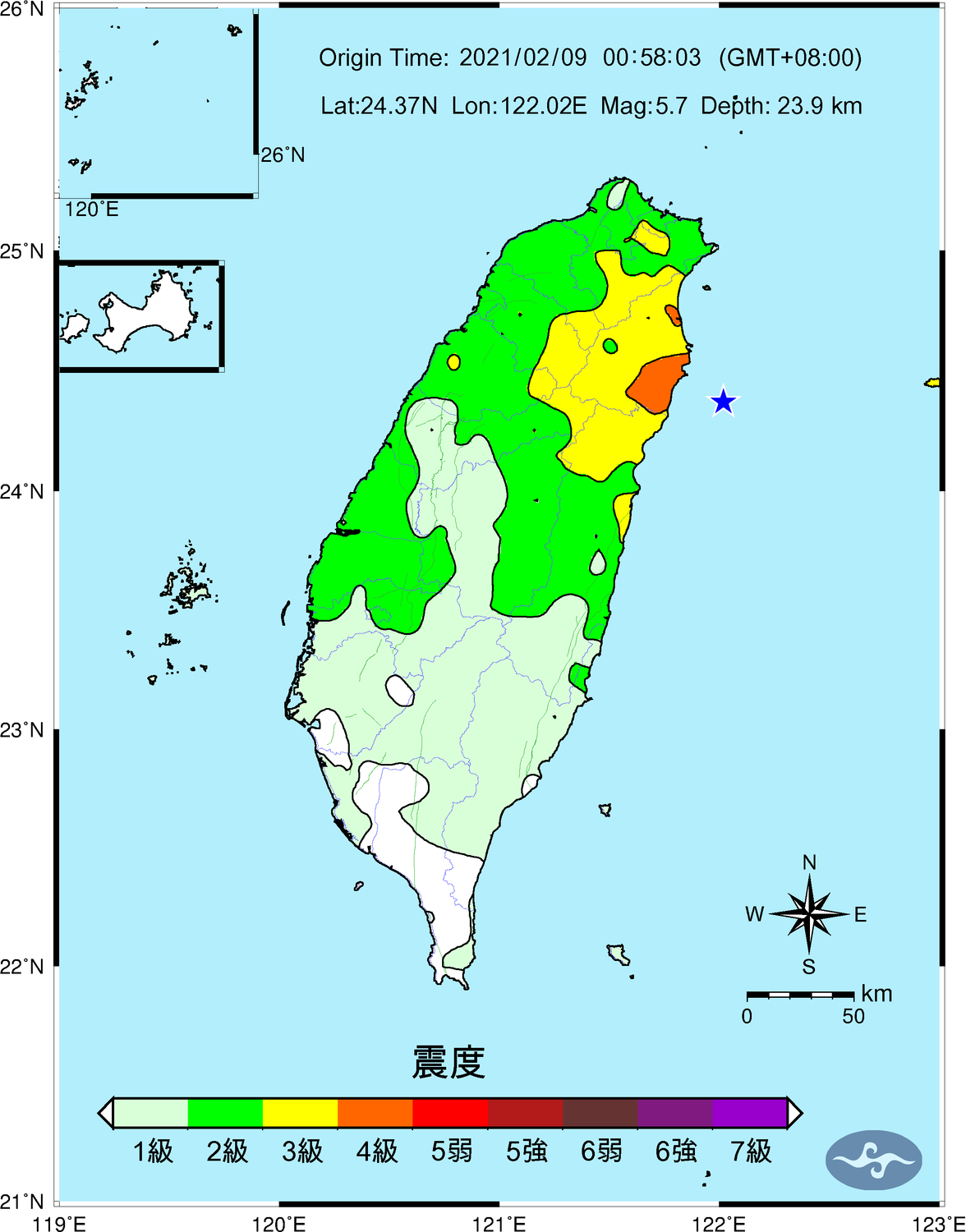 氣象局表示，今年隱沒帶地震較頻繁，不排除為大地震的前震(圖為0點58分規模5.7地震震度圖)。 圖：中央氣象局／提供