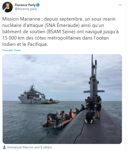 法國國防部長帕爾麗稍早貼文指出該國艦艇已在南海等印太海域巡航 圖：帕爾麗推特